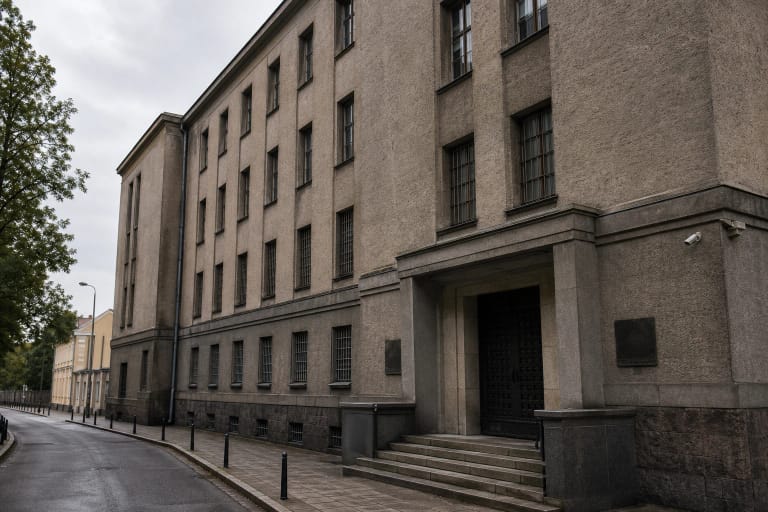 Okupacijų ir laisvės kovų muziejaus pastatas Vilniuje ir niūri buvusio KGB kalėjimo ekspozicija