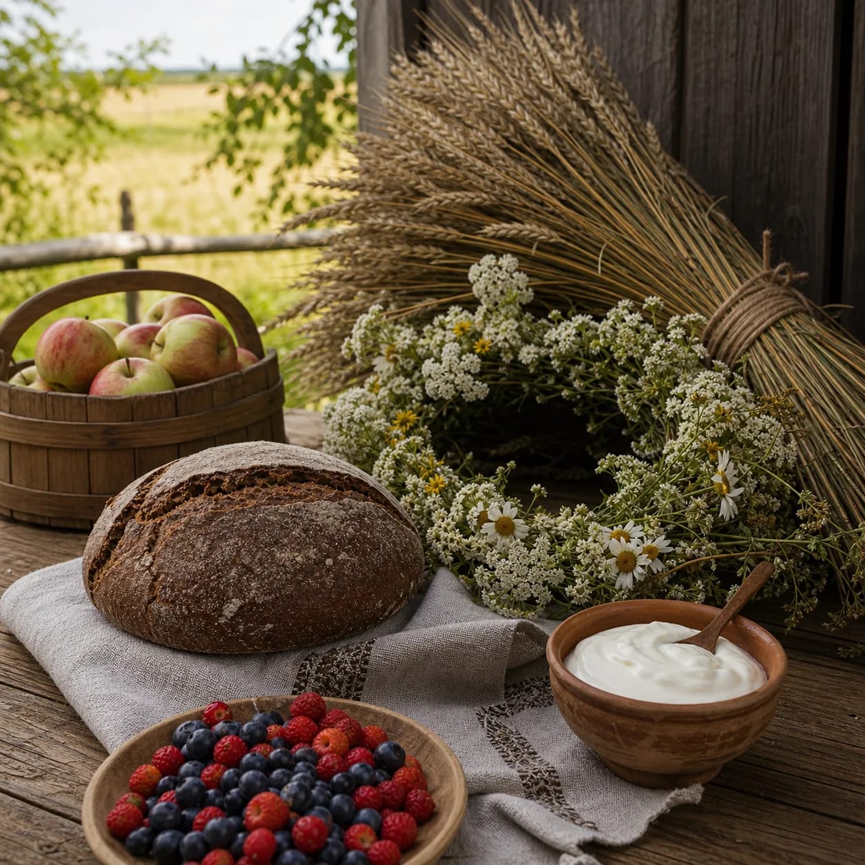 An Onines table with new rye bread, cream, berries, summer apples, a rye sheaf, and a harvest wreath