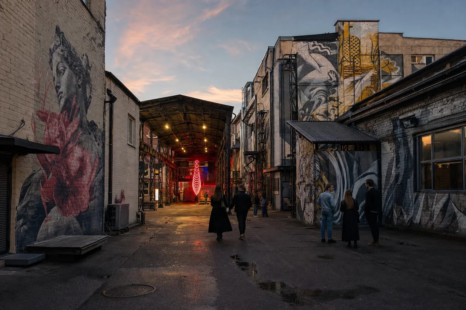 Former ELFA factory courtyard at dusk with Open Gallery murals and a glowing red light installation