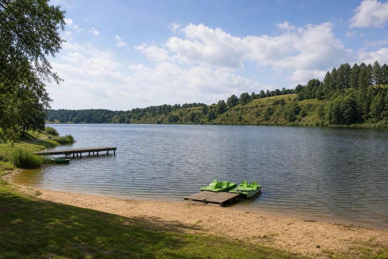 Lake Orija near Kalvarija with high shores and a lakeside rest area