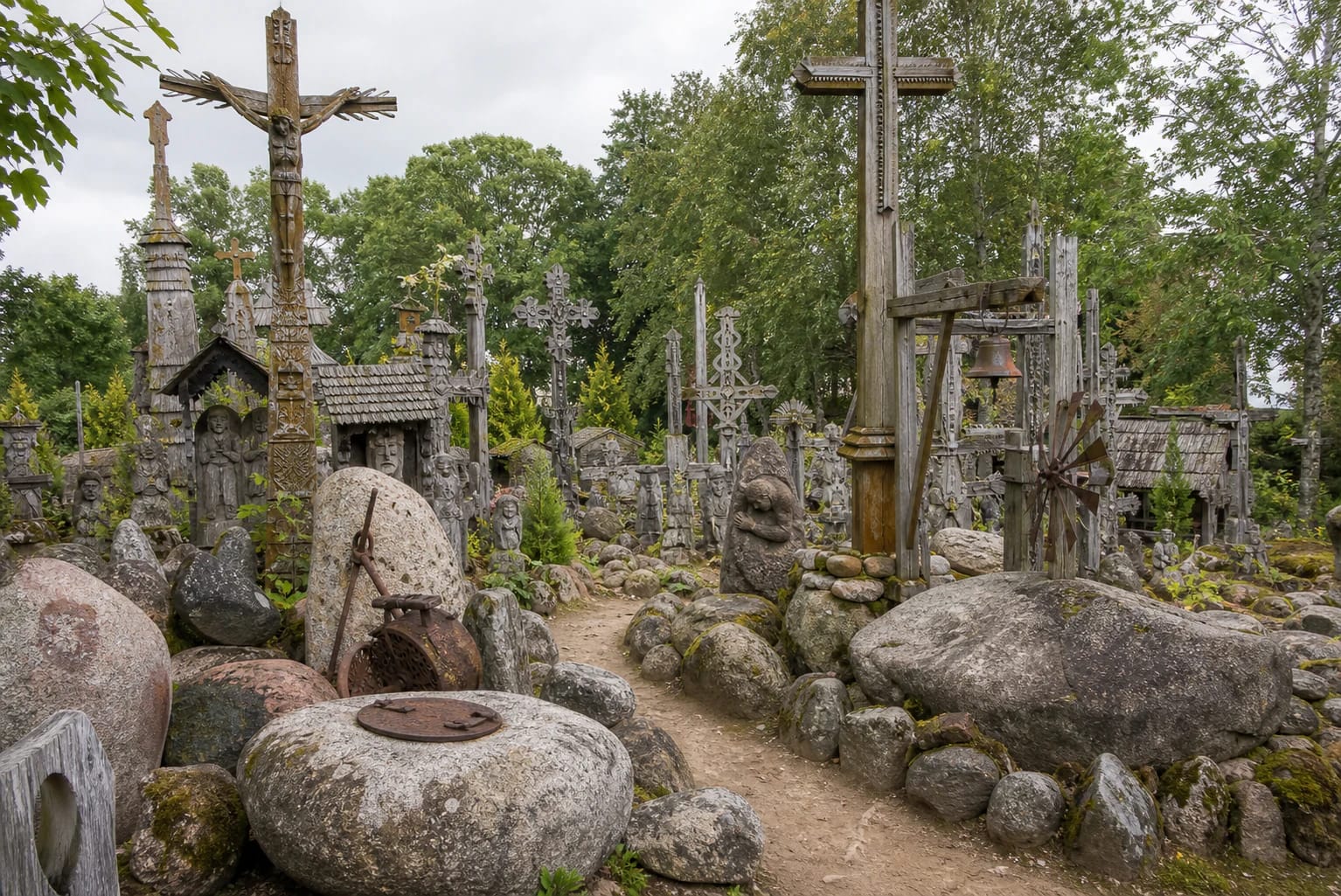 Path through Orvidai Homestead among large stones, wooden crosses, folk sculptures, and old metal details