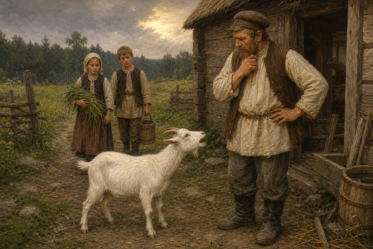 One little lying goat makes a false complaint to the farmer while innocent children return from pasture