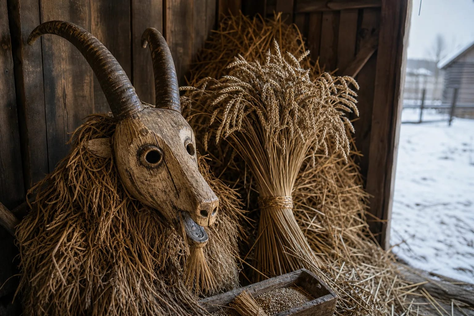 Goat mask with horns, rye sheaf, and straw in a wooden barn.