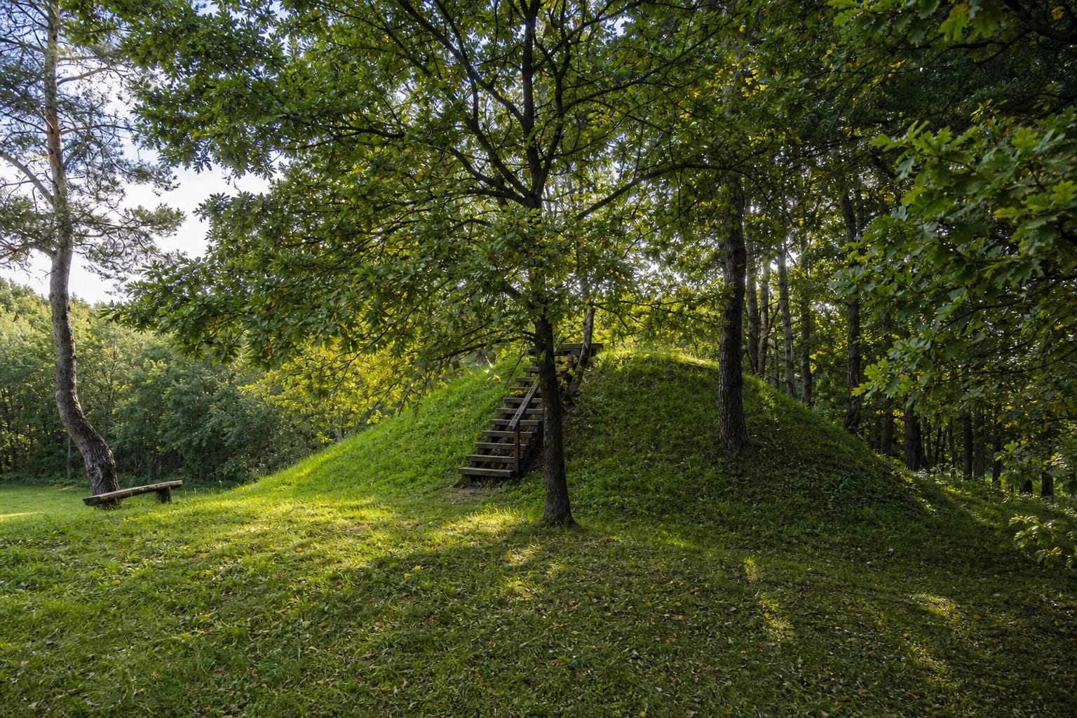Small grassy Paberžė Hillfort with timber steps beneath mature deciduous trees