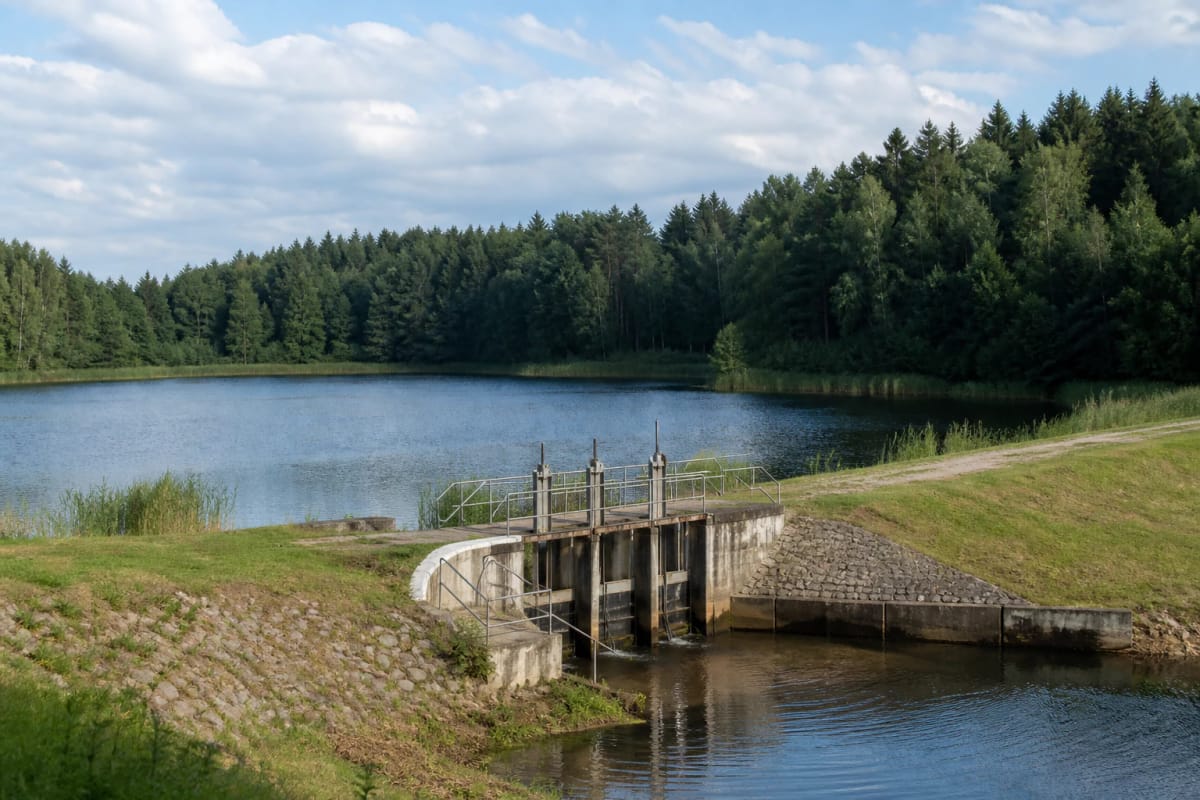 Окрестности плотины водохранилища Пабраде у лесистого берега и спокойной воды