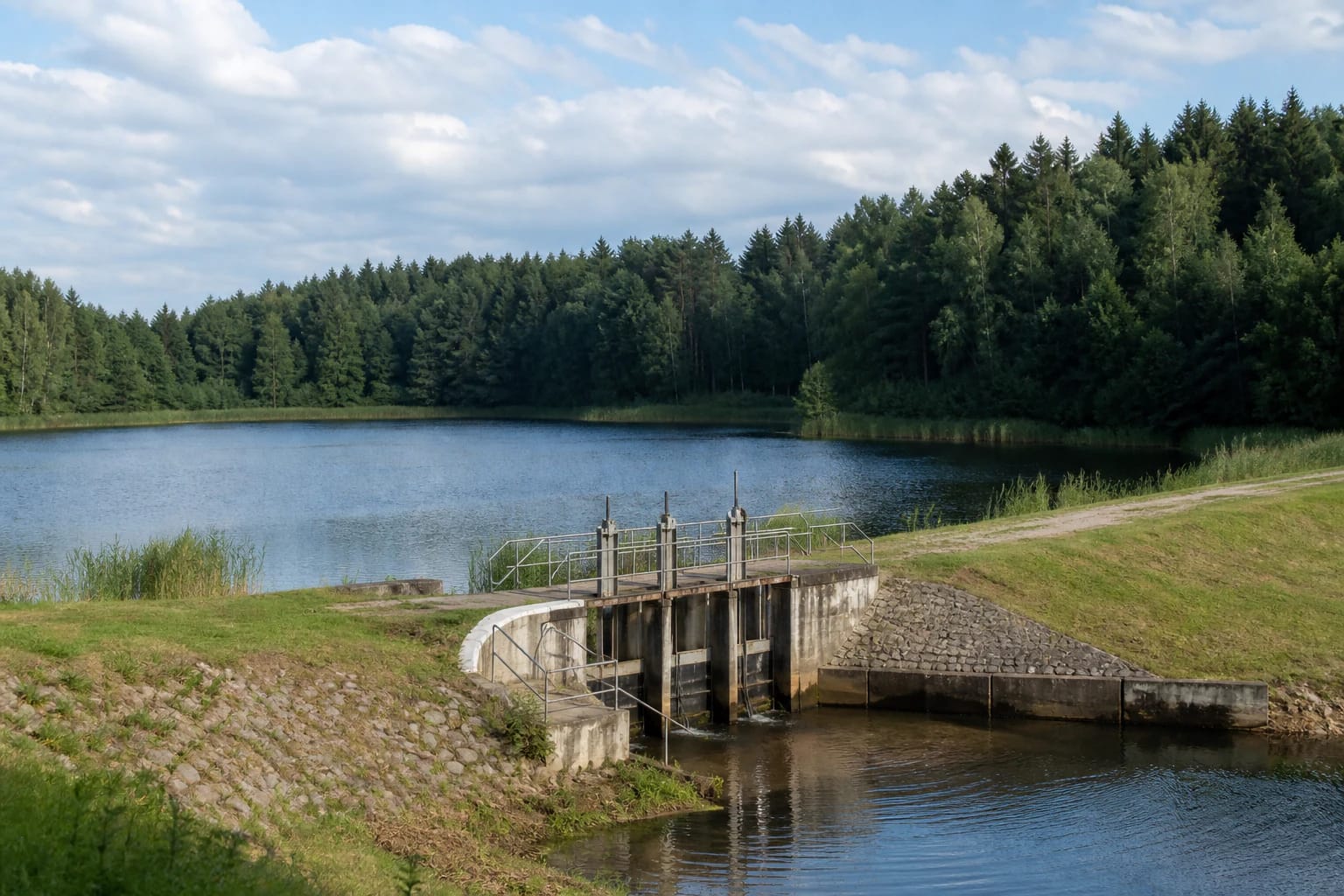 Pabradės tvenkinio užtvankos aplinka prie miškingos pakrantės ir ramaus vandens