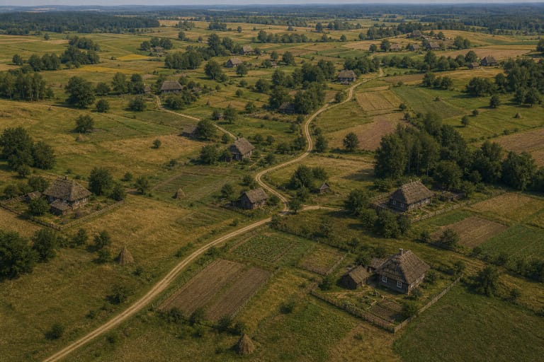 A padrikasis kaimas with irregularly placed wooden farmsteads, winding paths, and shared village space