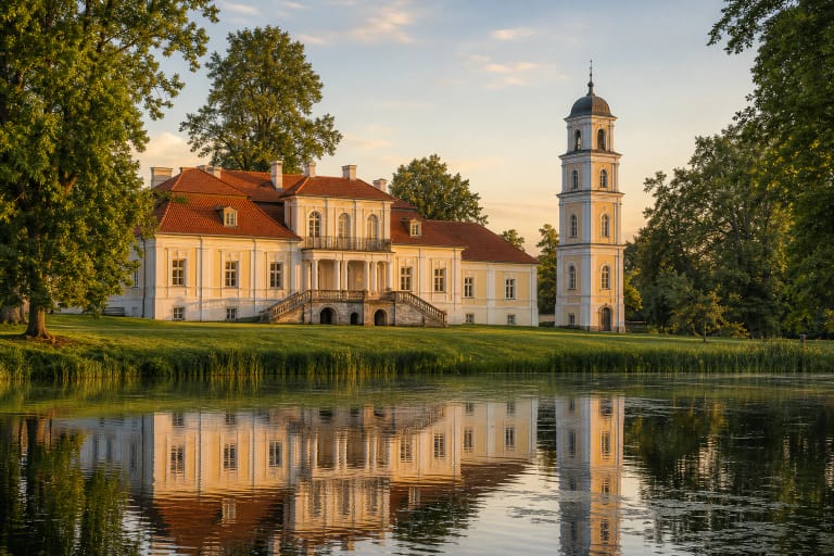 Paežerių dvaro rūmai prie ežero su parko medžiais ir Belvederio bokšto siluetu
