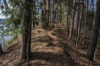 A narrow uneven path along the wooded ridge of Pageluvis I Hillfort, with the lake visible through the trees