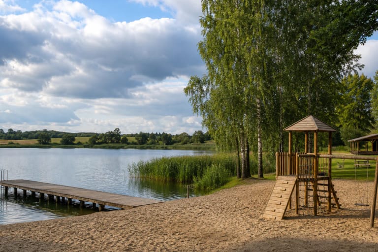 Sandy shore of Pakumulšiai I Pond with a wooden pier, reeds and a children's playground