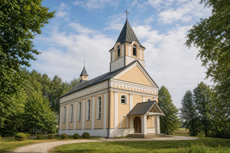 Šviesiai gelsva Pakutuvėnų Šv. Antano Paduviečio bažnyčia su baltomis detalėmis, aukštu bokštu ir mediniu prieangiu tarp medžių