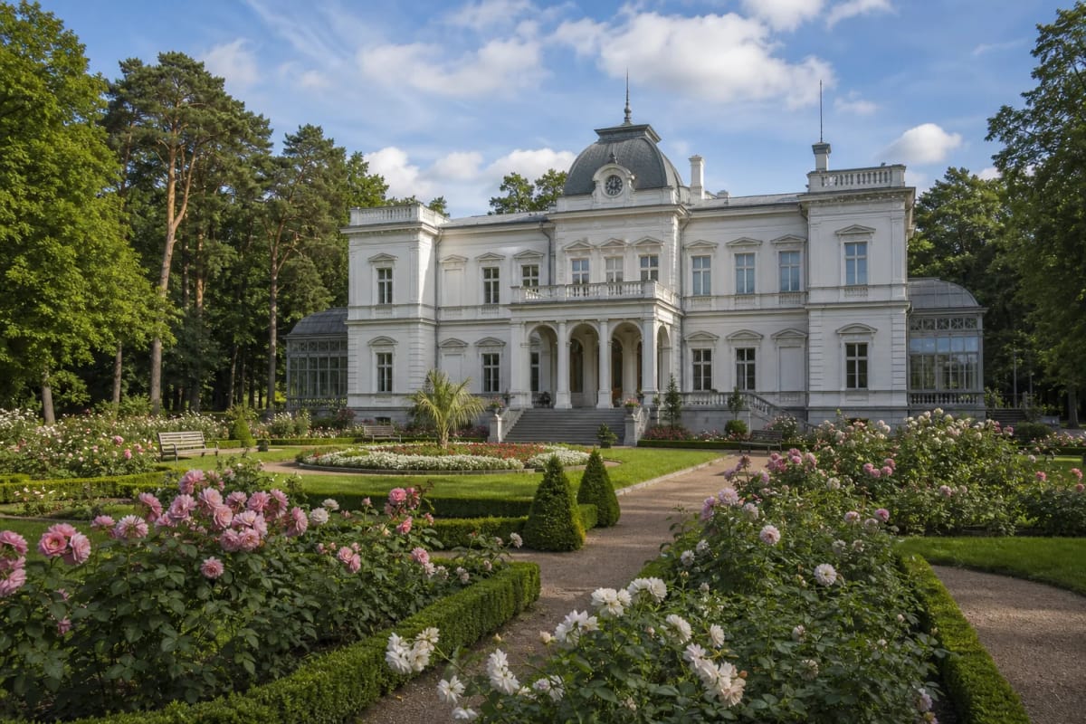 Rose garden of Palanga Botanical Park with the Neo-Renaissance Tiškevičiai Palace behind it