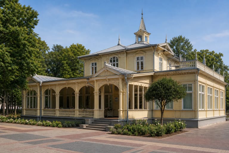 Restauruotas Palangos kurhauzo medinis fasadas Grafų Tiškevičių alėjoje su veranda ir kurortinės architektūros detalėmis