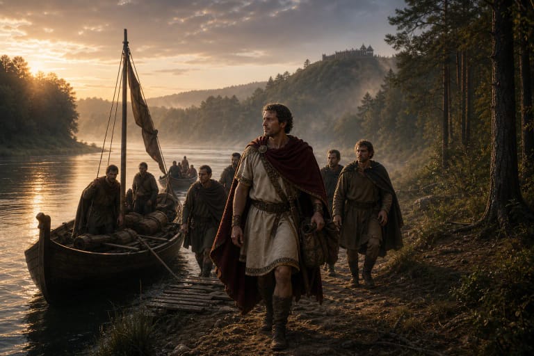 Palemonas and his companions arrive by the Nemunas at the Lithuanian shore
