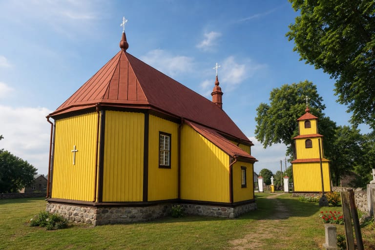 Yellow wooden Holy Cross Church in Paliepiai with a red roof and detached three-storey bell tower