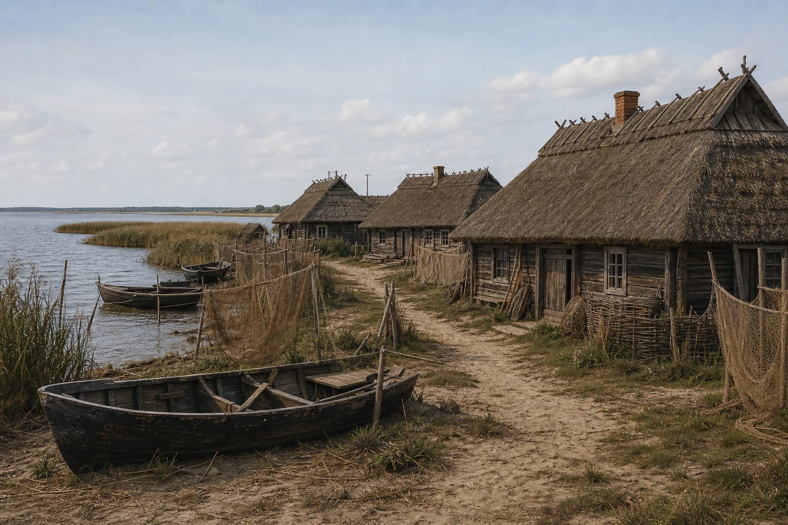 A lagoon fishing village beside water with wooden farmsteads, reed roofs, boats, nets, and the Curonian Lagoon shore