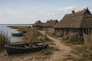 Pamario žvejų kaimas prie vandens su medinėmis sodybomis, nendriniais stogais, valtimis, tinklais ir Kuršių marių pakrante
