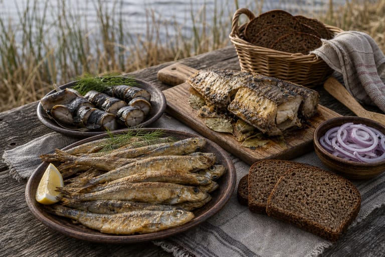 Pamarys fish dishes: fried smelt, cold-smoked eel, and fish baked on a board with rye bread and onions on a wooden table