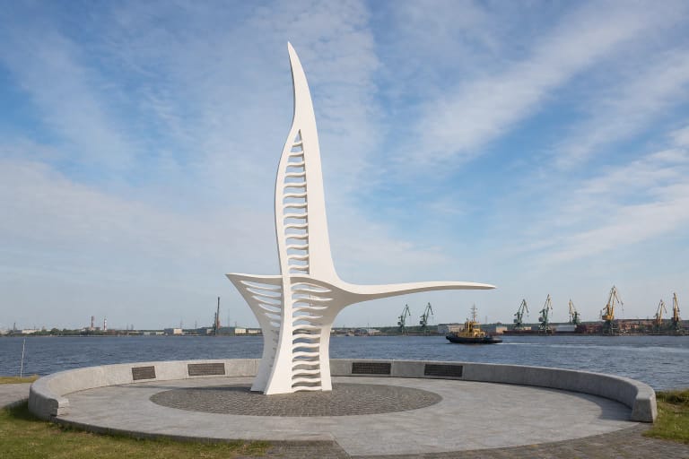 White 12-metre Albatross Monument on the Smiltynė quay with Klaipėda harbour and ships behind it