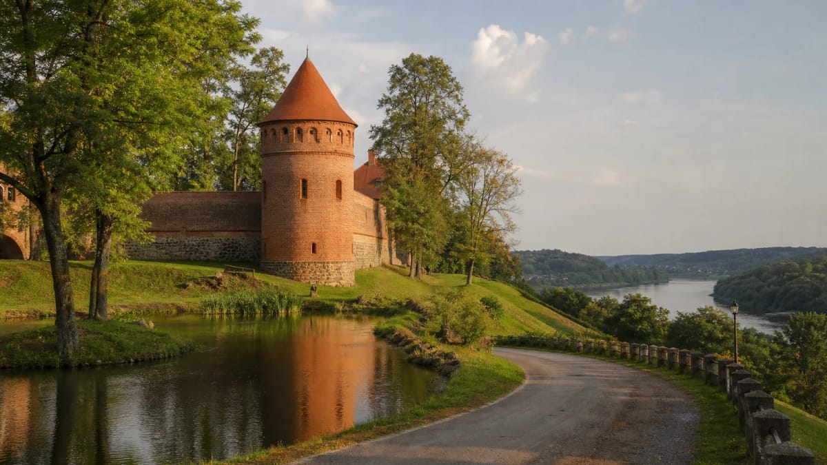 Nemunas valley road on the Panemunė Castles Route with a red-brick castle tower and park ponds