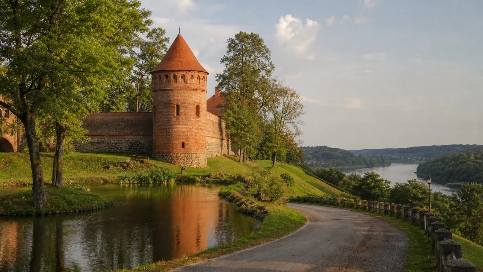 Nemunas valley road on the Panemunė Castles Route with a red-brick castle tower and park ponds