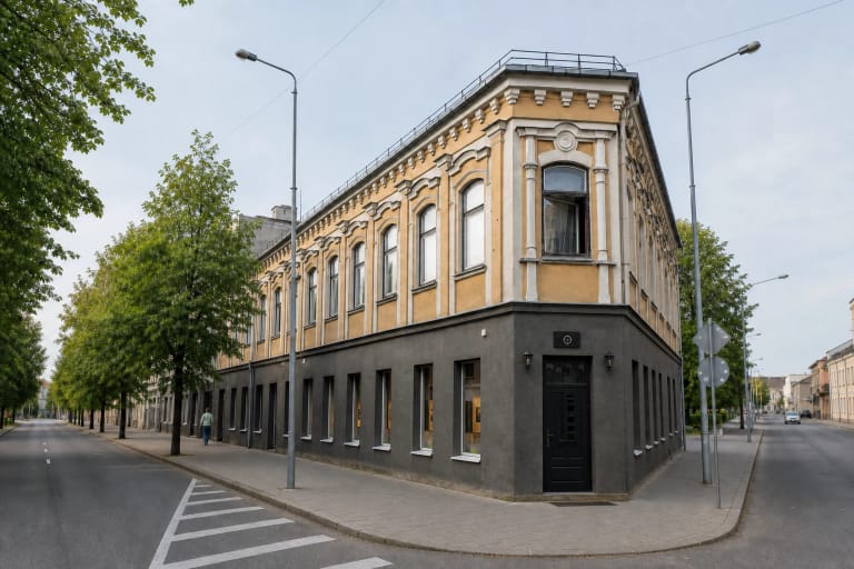 Smėlio spalvos dviaukštis Panevėžio fotografijos galerijos pastatas tamsiu pirmuoju aukštu ir kampiniu įėjimu