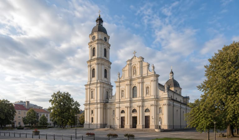 Neo-Baroque facade and tower of Panevėžys Cathedral of Christ the King on Cathedral Square