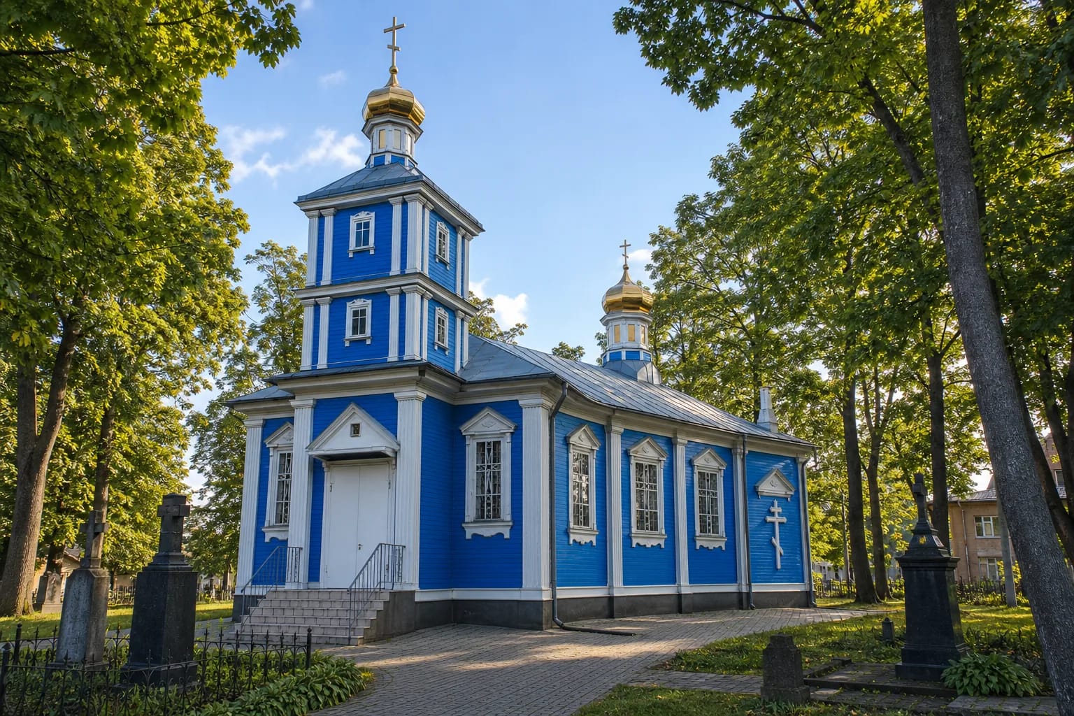 Blue timber Panevėžys Orthodox Church of the Resurrection with white pilasters, gold cupolas, and cemetery trees