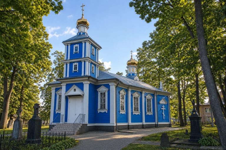 Синяя деревянная церковь Воскресения в Паневежисе с белыми пилястрами, золотыми куполами и деревьями кладбища