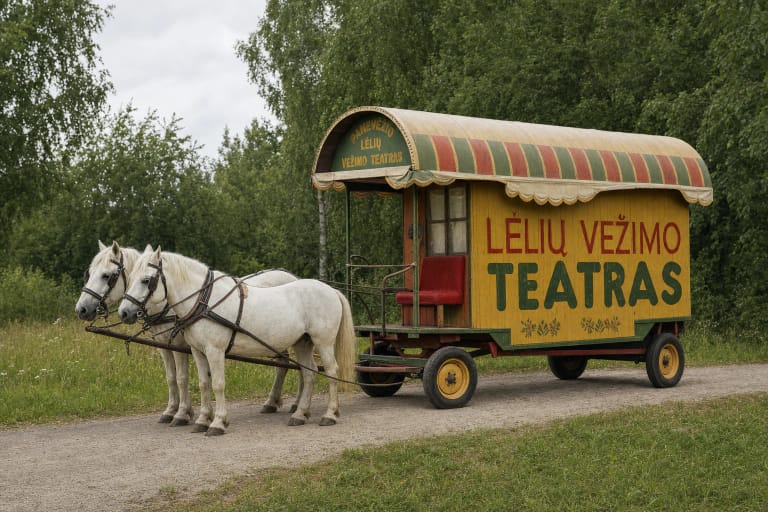Ryškus geltonai oranžinis ir raudonais apvadais lėlių teatro vežimas su dviem arkliais žaliame Lietuvos miestelio fone