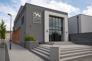 Panevėžio miesto dailės galerijos tamsiai pilkas įėjimo fasadas, plati laiptų terasa, pandusas ir istorinis raudonų plytų korpusas