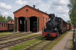 Panevėžio siaurojo geležinkelio raudonų plytų depas su garvežiu