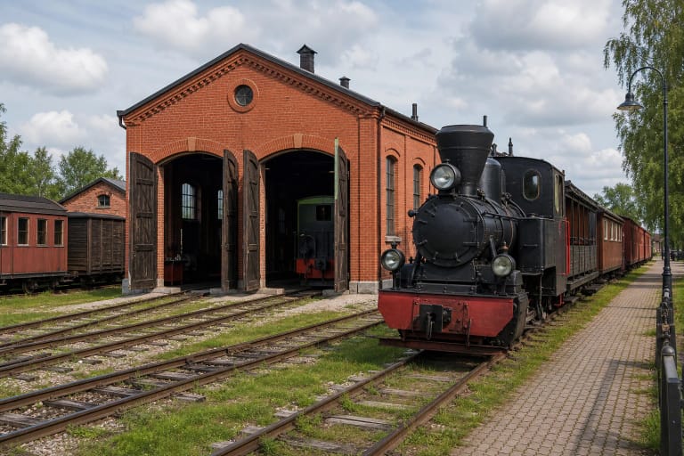 Panevėžio siaurojo geležinkelio raudonų plytų depas su garvežiu