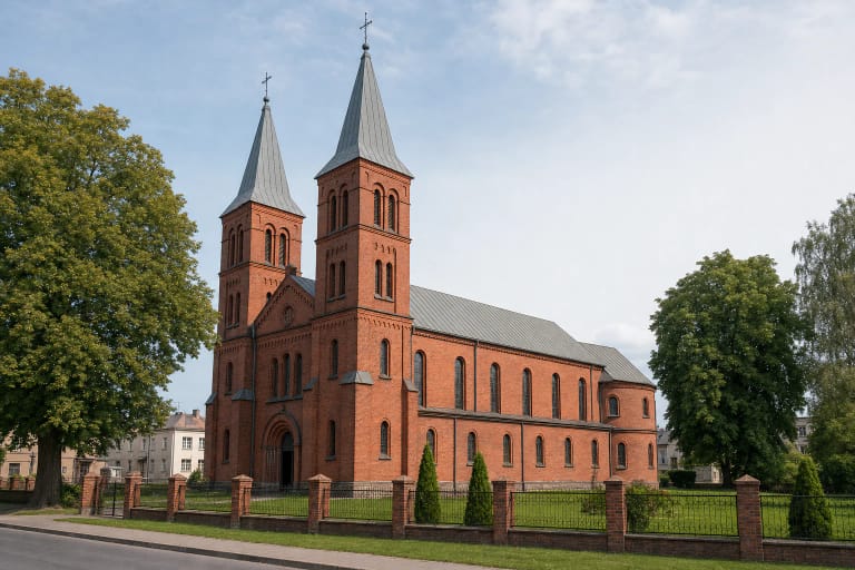 Raudonų plytų Panevėžio Šv. apaštalų Petro ir Povilo bažnyčia su dviem bokštais, pilku stogu ir šventoriaus tvora