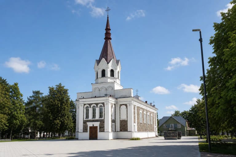 Panevėžio Švč. Trejybės bažnyčia su baltu ir akmenų mūro fasadu, vienu aukštu bokštu bei smailiu tamsiu stogu