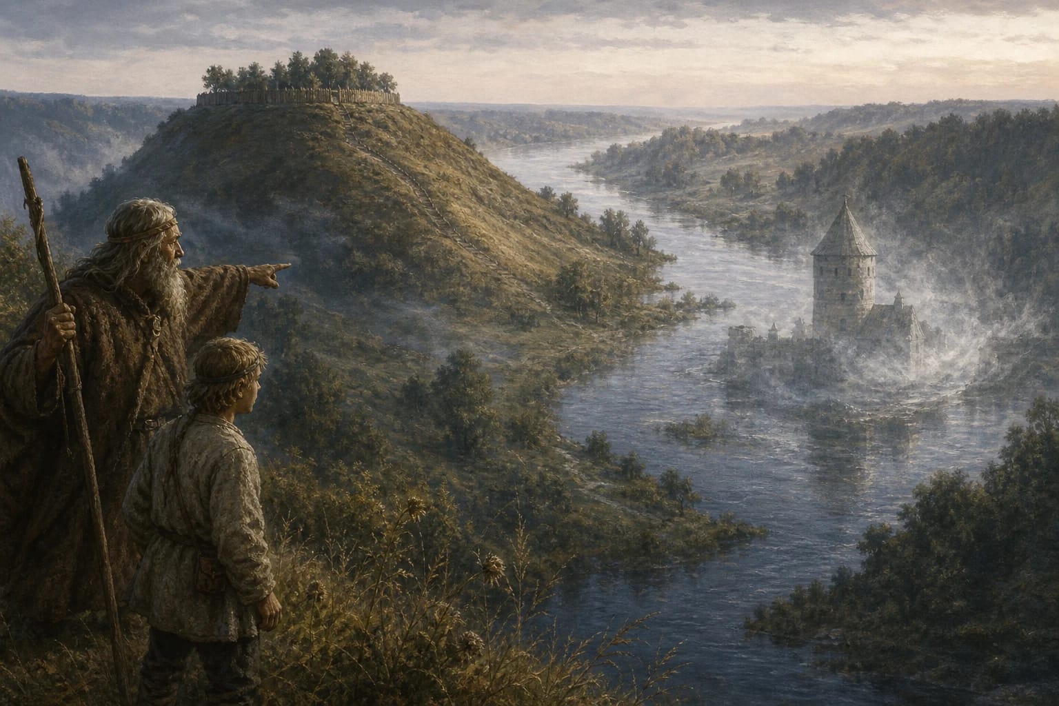 Legend of Papilė Hillfort visual interpretation with castle hill, tower, Venta River motifs