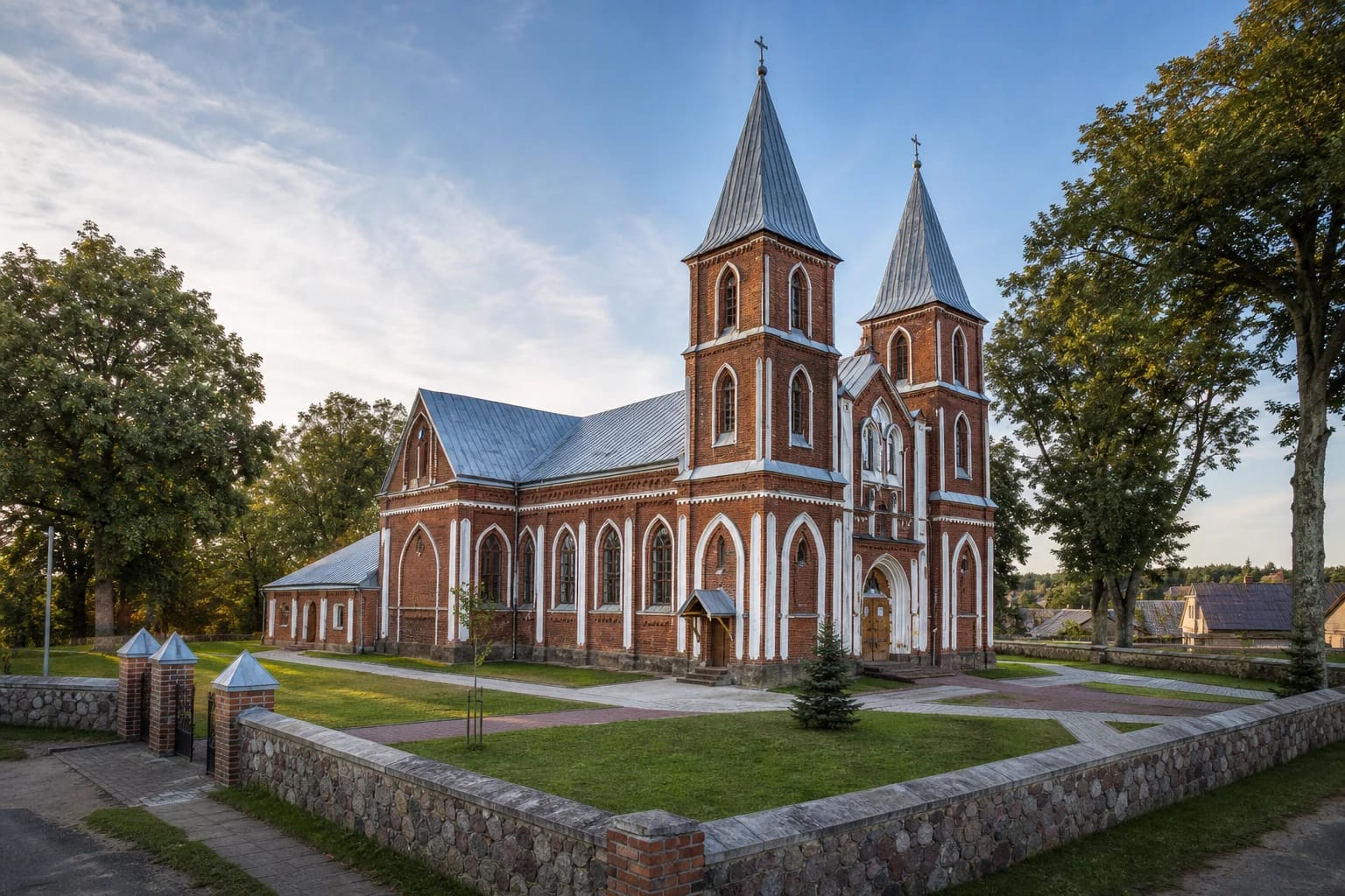Papilės Šv. Juozapo bažnyčia su dviem raudonų plytų bokštais ir apželdintu šventoriumi