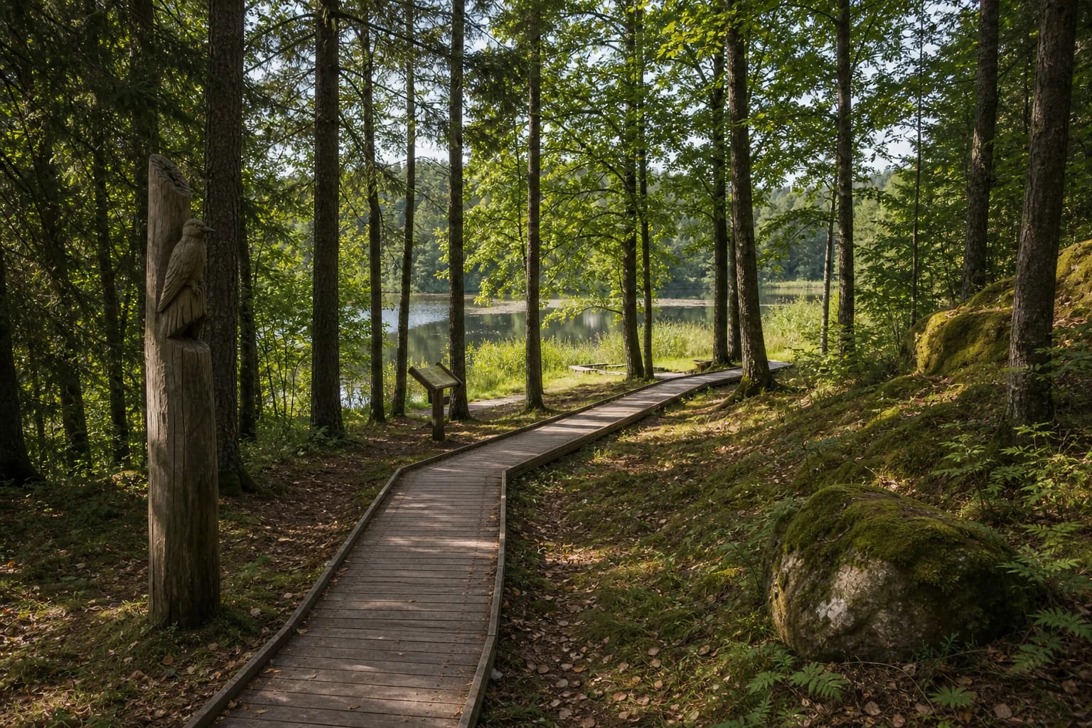 Wooden Paplatelė trail through forest by water with a wooden bird sculpture