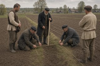 A village elder and two experienced farmers measuring a ploughed boundary between strips while the two disputing neighbors watch