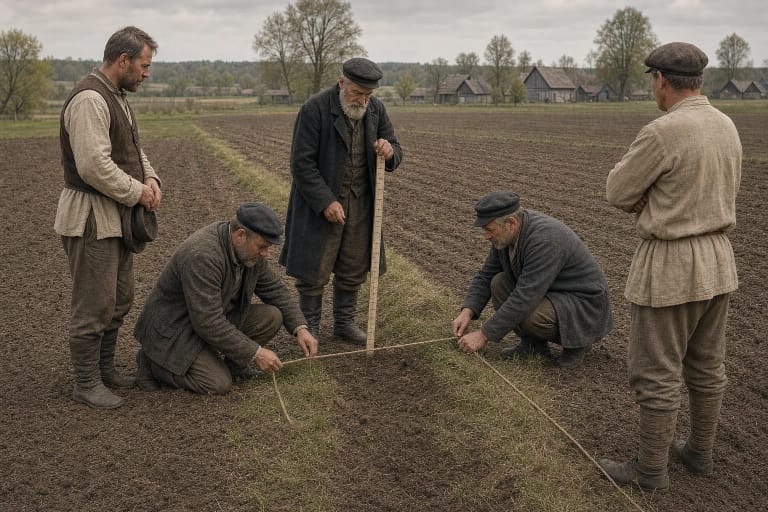 A village elder and two experienced farmers measuring a ploughed boundary between strips while the two disputing neighbors watch
