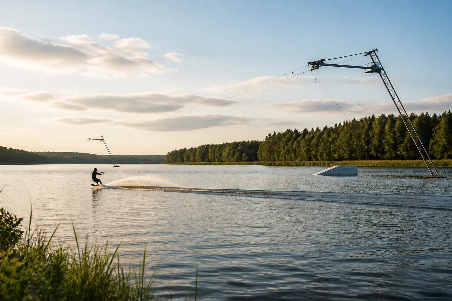 Wakeboarder riding through a cable park on Lake Masčio in evening light