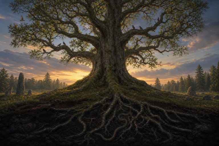 A great tree in a sacred grove as a symbol of the world tree and tree of life