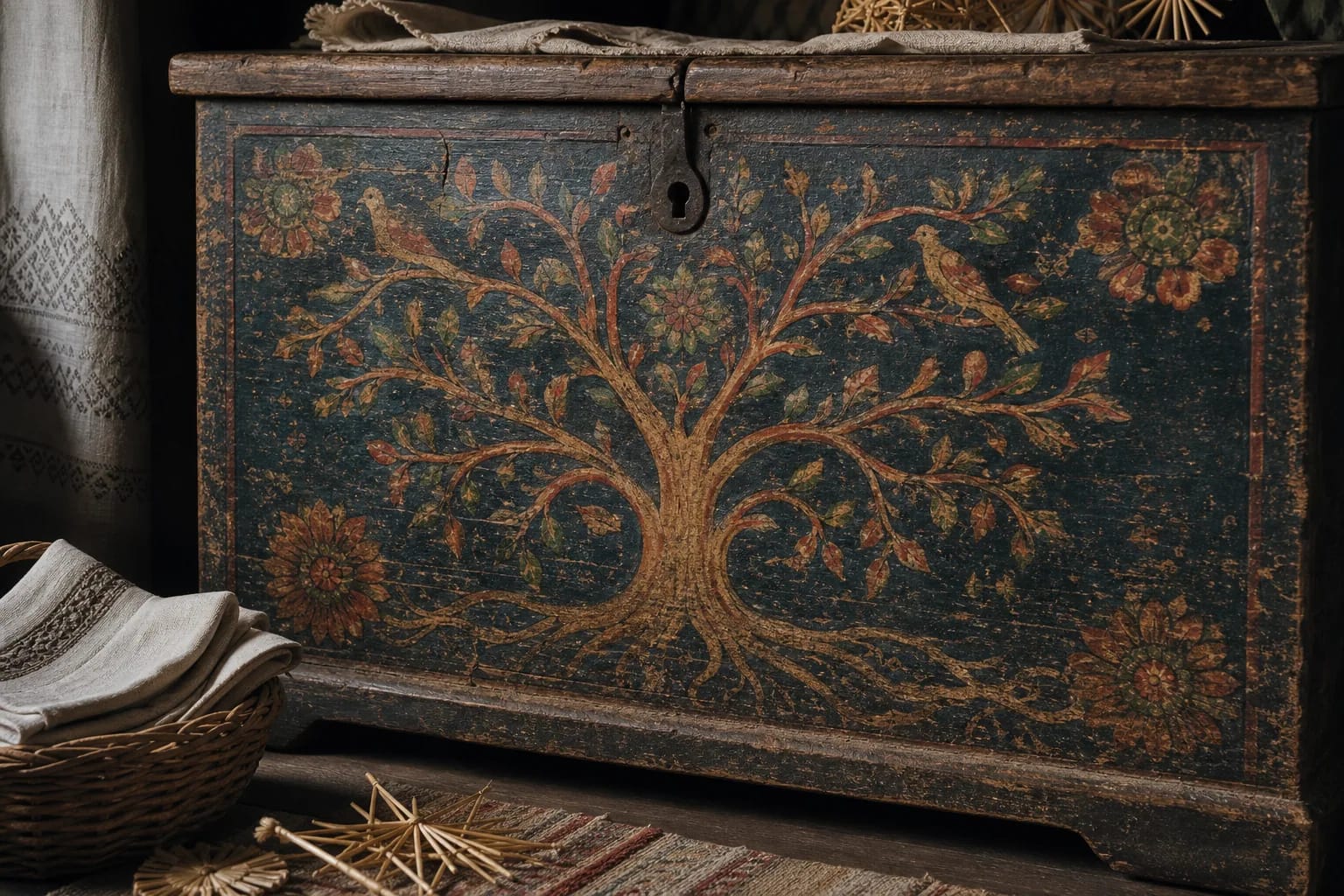 Life-tree and world-tree motif painted on an old dowry chest.
