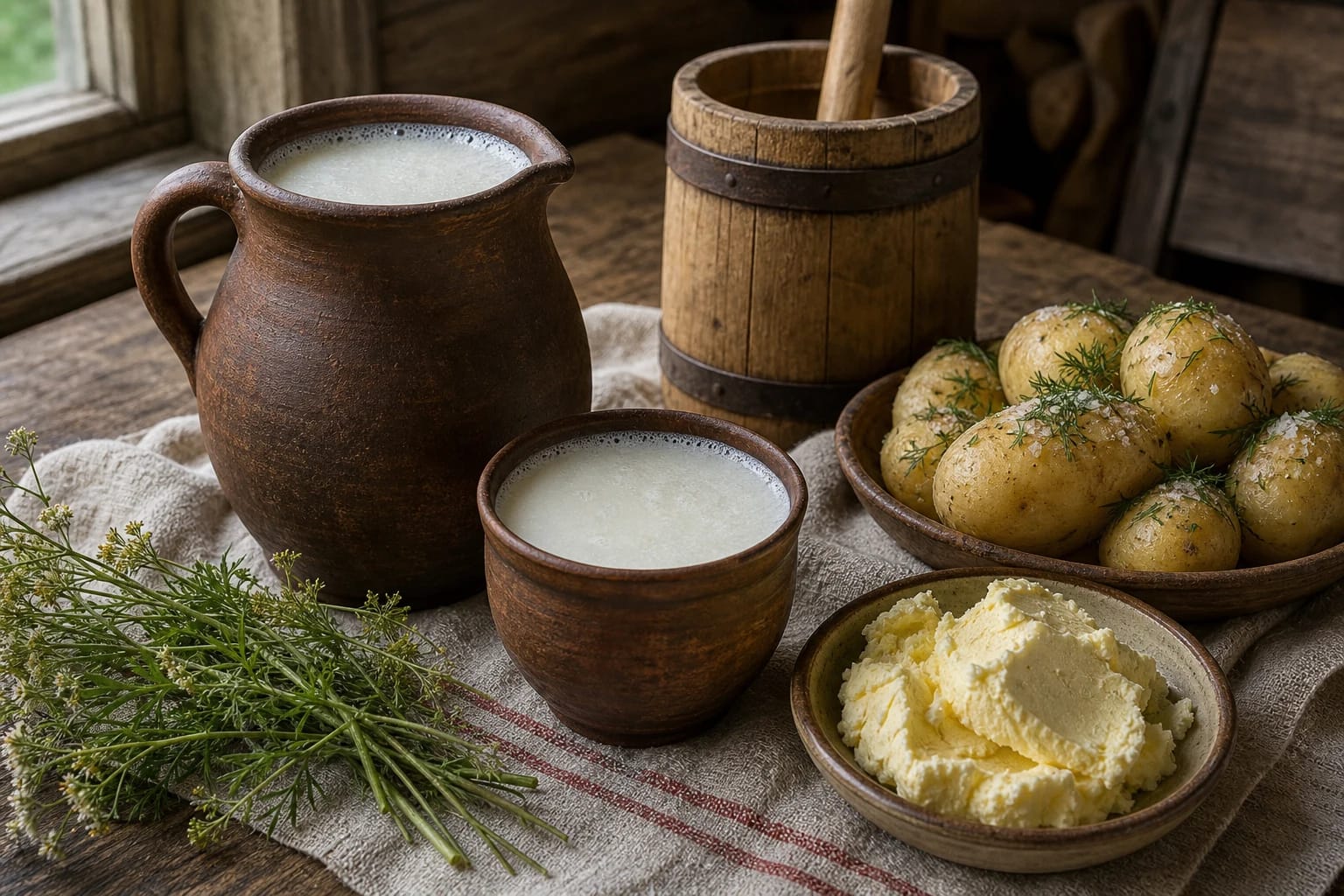 Pasukos in a clay jug beside churned butter and hot boiled potatoes on a linen-covered table