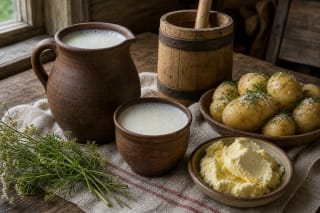 Pasukos in a clay jug beside churned butter and hot boiled potatoes on a linen-covered table