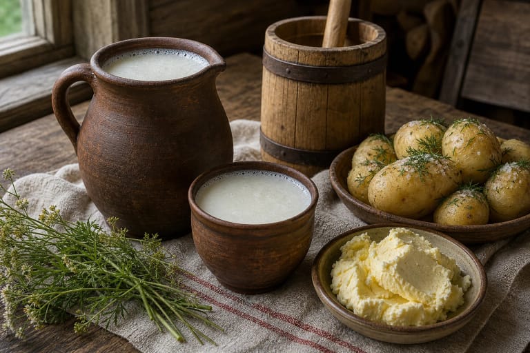 Pasukos in a clay jug beside churned butter and hot boiled potatoes on a linen-covered table