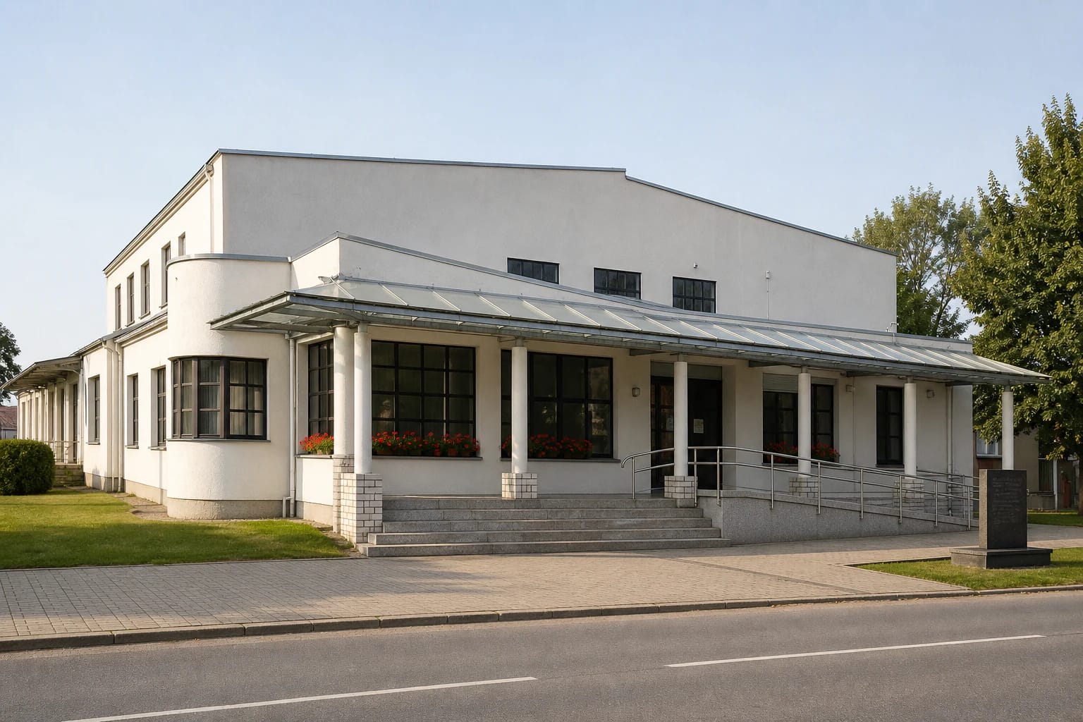 Pasvalys Regional Museum in a former cinema with a long glazed canopy, white columns, entrance steps, and an access ramp
