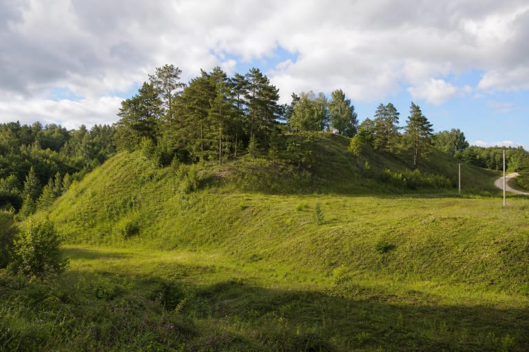 The high grassed bank of Pašventupys I Hillfort seen from the fields, with scattered pines, shrubs, and a local road on the right