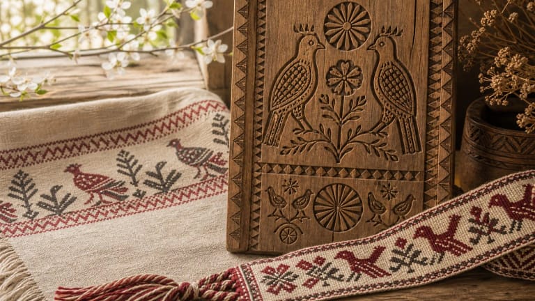 Small birds in a Lithuanian distaff-board and textile ornament as sky signs
