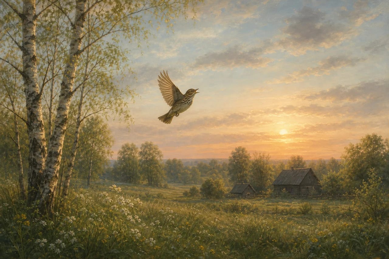 A bird over a Lithuanian meadow as a symbol of sky and message in Lithuanian folklore